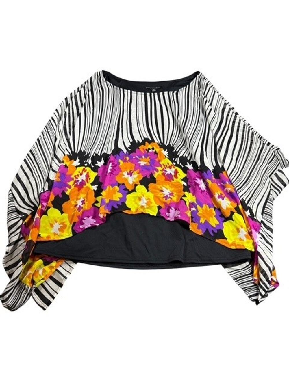Sara Michelle Blouse Womens 2X Black White Stripe Floral Print Flowy Poncho Top
